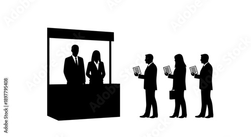 Man and Woman at Business Booth with Attendees in Corporate Setting