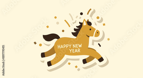 Stylized brown horse with 'HAPPY NEW YEAR' text, surrounded by golden confetti and streamers, celebrating the New Year on a light beige background.
