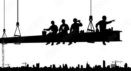 Construction Workers Balancing on Beam Over City Skyscrapers in Graphic Illustration
