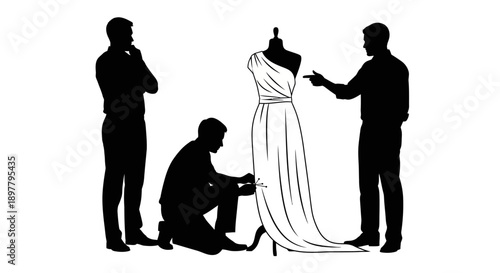 Three Men in Suits Collaborating on Custom Formal Gown Design in Professional Studio Environment