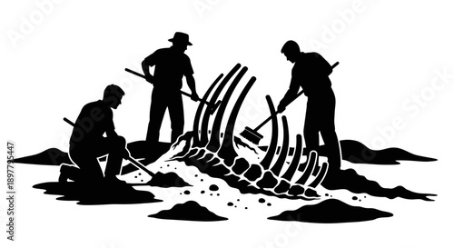 Black-and-White Illustration of Three Men Excavating Large Animal Skeleton in Rock-Encrusted Ground with Bold Graphic Lines