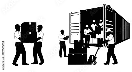 Men Loading Cargo into Shipping Container Illustration with Two Sections Showing Loading Process