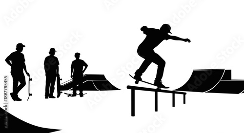 Skateboarder Performing Rail Trick with Onlookers in Skatepark Silhouette