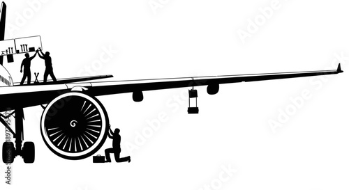 Two workers in hard hats performing maintenance on the wing of a horizontal airplane, digital illustration, side view