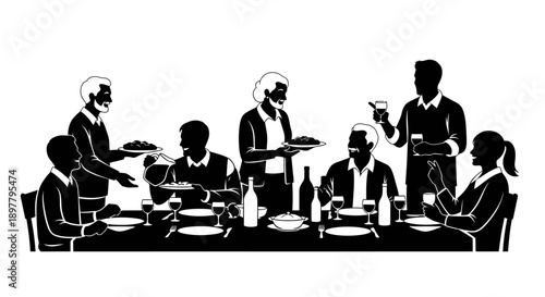 Formal Dining Scene with Servers and Guests Around a Table in Black and White Illustration