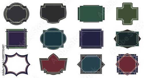 A collection of twelve blank decorative frames and labels in various shapes and dark, muted colors, suitable for vintage designs.