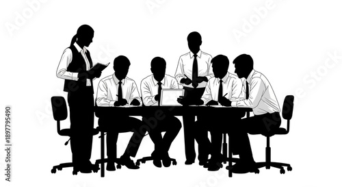 Bold black-and-white illustration of a conductor leading a choir on a raised platform with baton, music, side view