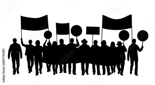Group of silhouetted people marching with protest signs and flags from a frontal viewpoint