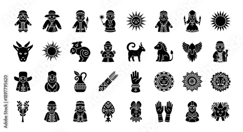 Collection of black silhouette icons depicting ancient cultural symbols, tribal figures, animals, sun motifs, and spiritual elements.