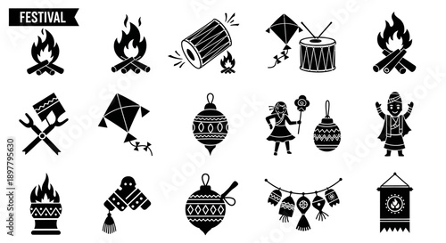 A collection of black and white festival icons featuring bonfires, drums, kites, lanterns, and traditional celebratory elements.