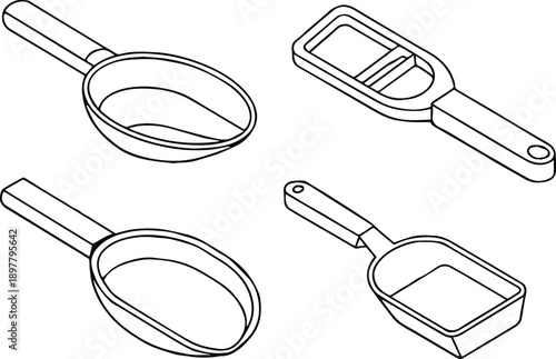 scoop kitchen utensil line art set of four vector icons