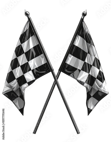 Two crossed black and white checkered flags for a race finish. Isolated on transparent background