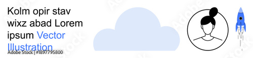 Technology, startup, innovation, cloud storage, teamwork, creativity. Simple visuals of a cloud, a female profile avatar and a rocket. Cloud computing and startups visualization