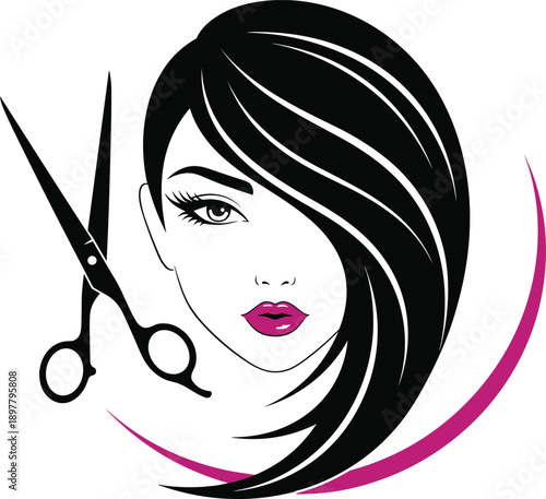 Beautiful woman face with long hair, hair salon logo, scissors icon, beauty parlor vector, female haircut fashion illustration, professional hairstylist emblem, isolated on white background.