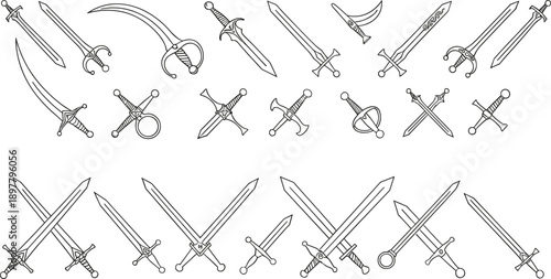 Collection of Medieval and Fantasy Sword Line Art Icons with Crossed Blades Rapiers Sabers and Daggers Black Outline Vector Set