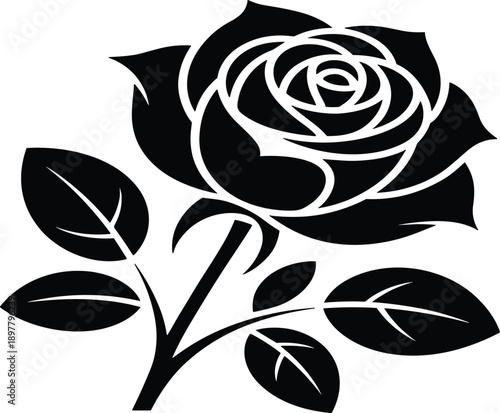 Black rose flower silhouette illustration, floral vector icon, elegant botanical design for logo, tattoo, decoration, and romantic artwork