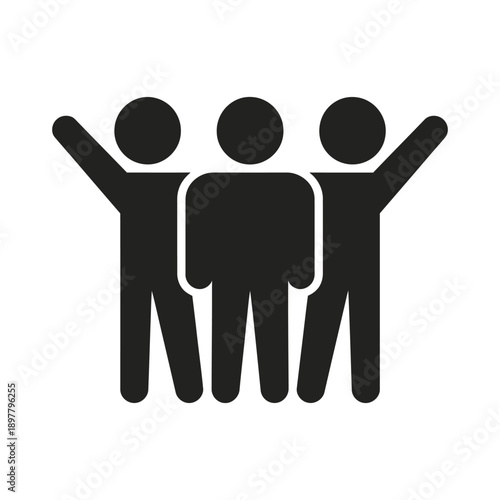 Three people standing together with arms raised in celebration  teamwork and unity icon