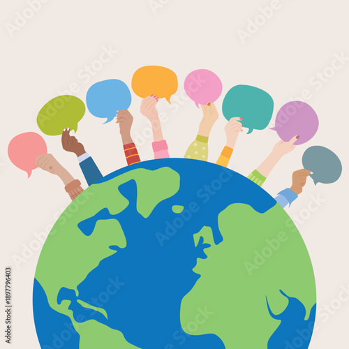 Large globe with raised hands holding speech bubbles, symbolizing worldwide diversity, shared voices, and inclusive communication.