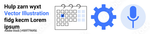 Time management, task planning, productivity apps, technology, communication tools, and software interface. Calendar with a checkmark, gear and microphone icons. Time management and technology