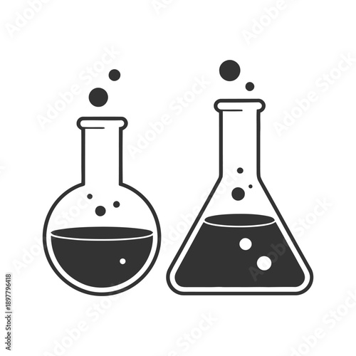 Two laboratory flasks with dark liquid and bubbles rising isolated on white background icon