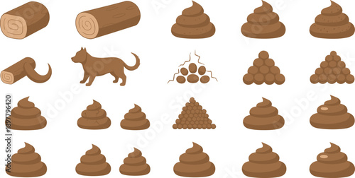 Cartoon Animal Poop Shapes and Dog Silhouette Set with Different Feces Piles Logs and Stacks Funny Hygiene Vector Illustration