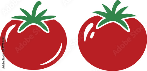 Two Stylized Red Tomatoes with Green Stems, Colorful Tomato Graphics for Culinary and Produce Branding, Flat Vector Illustrations of Ripe Garden Tomatoes, vector, illustration, silhouette.