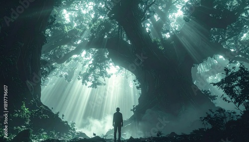 A person gazes at colossal trees as sunlight streams through the canopy