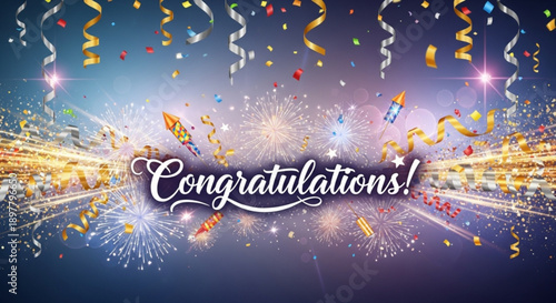 Vibrant congratulations message with fireworks and confetti explosion
