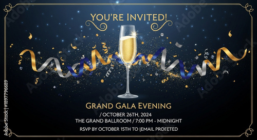 Elegant grand gala evening invitation with champagne glass and confetti