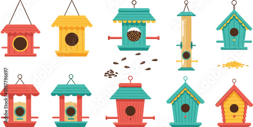 Colorful Bird Feeder Houses Set for Garden Wildlife with Hanging Seed Dispensers and Wooden Birdhouses Vector Illustration