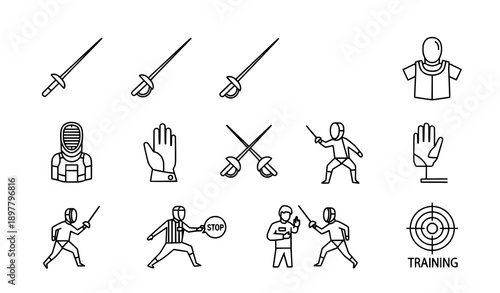 Minimal fencing equipment line icon set vector