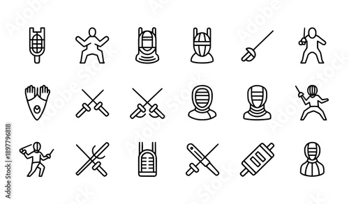 Fencing sport outline icon set vector illustration
