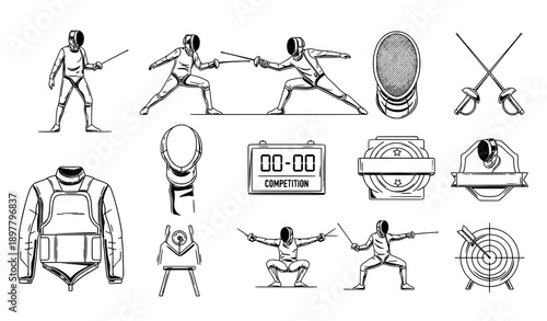 Professional fencing outline icon collection vector