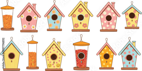 Cute Decorative Birdhouses and Seed Feeders Set with Colorful Floral Patterns for Garden Backyard Wildlife Vector Illustration