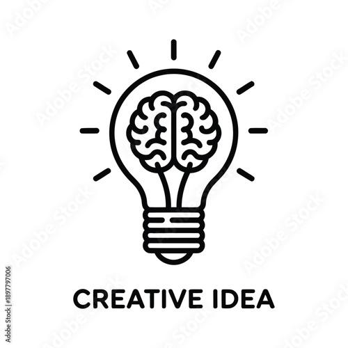 Black line drawing lightbulb with brain inside and creative idea text icon
