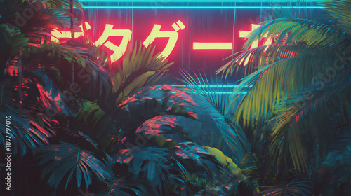 Cyberpunk tropical night landscape with glowing red neon Japanese kanji sign behind dense palm leaves and exotic foliage cinematic vaporwave aesthetic