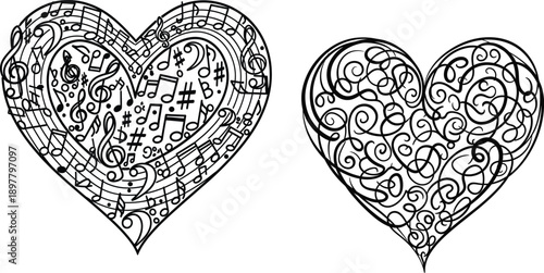 Heart Shapes with Musical Notes and Swirls, Valentine's Day Design Elements