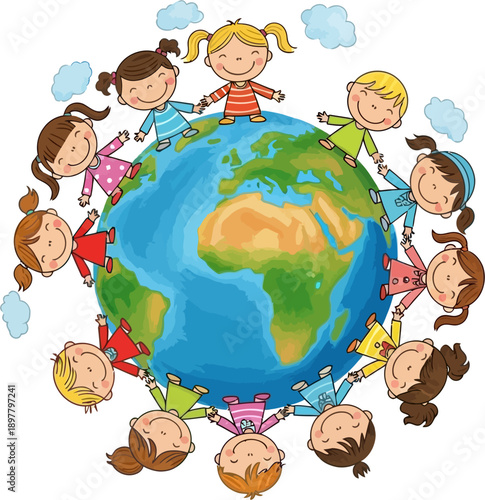 Happy diverse children holding hands around the globe, symbolizing global unity and peace.