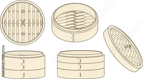 Bamboo Steamer Basket Set in Different Views for Asian Cooking Dumplings Dim Sum and Traditional Kitchen Utensils Vector Illustration