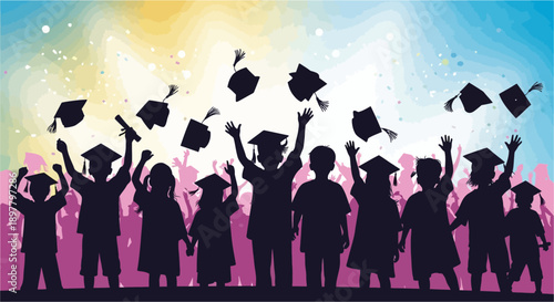 Silhouettes of happy children in graduation caps throwing their hats in the air, celebrating academic achievement.