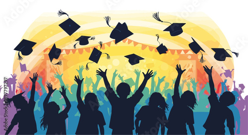 Silhouettes of happy graduates throwing their caps in the air during a vibrant outdoor celebration, symbolizing achievement and new beginnings.