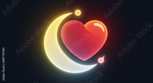 Glowing red heart icon centered on crescent moon symbol with soft lighting and dark background