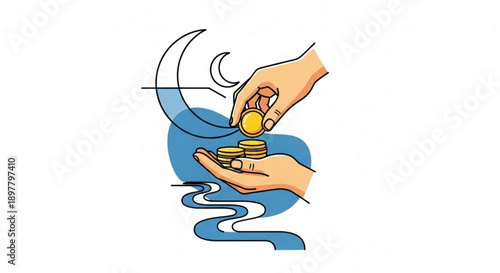Hands holding and giving gold coins with blue wave and crescent moon background