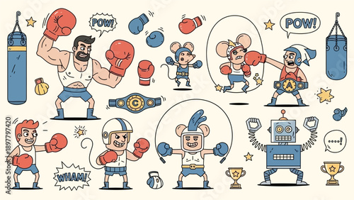 A collection of cartoon characters including humans, mice, and a robot engaged in boxing activities with various sports equipment and comic sound effects.