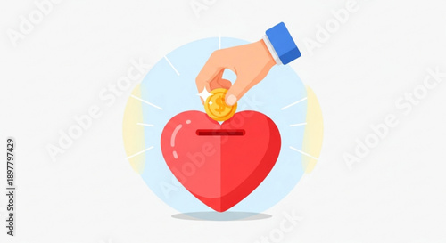 Hand putting coin into heart shaped piggy bank for charity donation