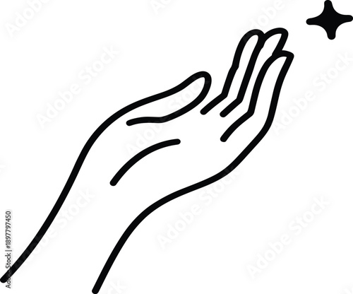 Open hand gesture icon with sparkle symbol representing care help support giving kindness or magical touch in minimal outline vector style