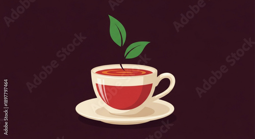 Red tea cup with green leaves on a saucer isolated on dark background