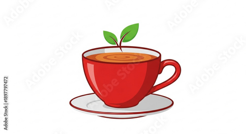 Red coffee cup with green leaf on top saucer and warm beverage