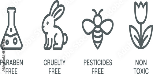 Clean beauty cosmetic labels with paraben free cruelty free pesticide free and non toxic icons in modern outline vector style
