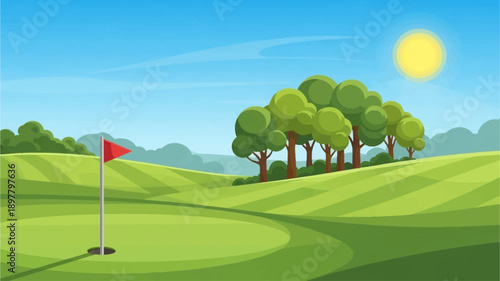 A sunny golf course with green hills, a red flag, and trees under a blue sky.